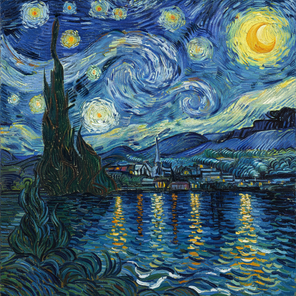 AI style transfer turning a mountain lake photo into a Van Gogh Starry Night oil painting