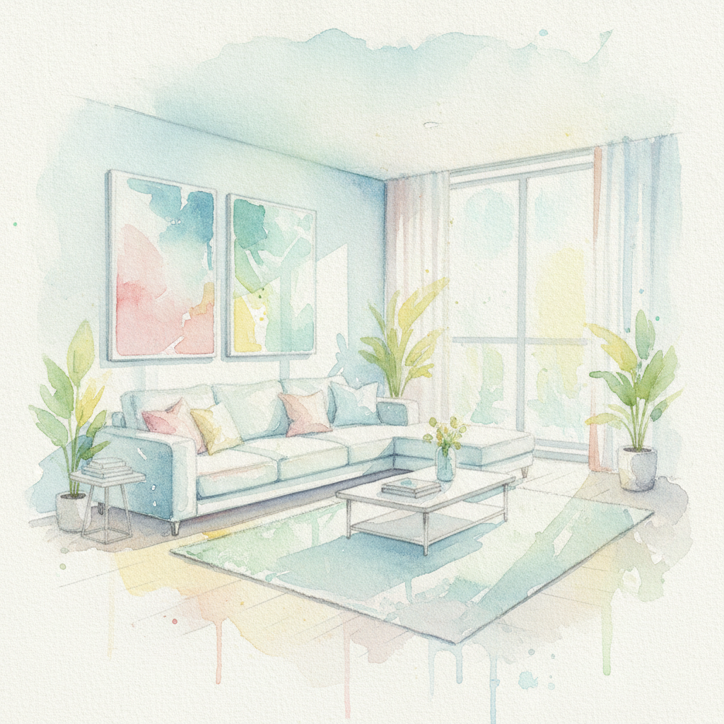 Photo style transfer AI turning a living room into a soft watercolor painting