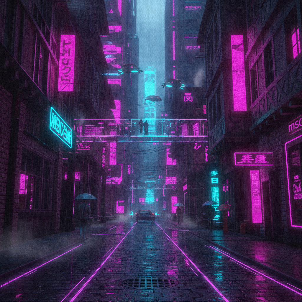 AI style transfer restyling an old town street into cyberpunk neon digital art