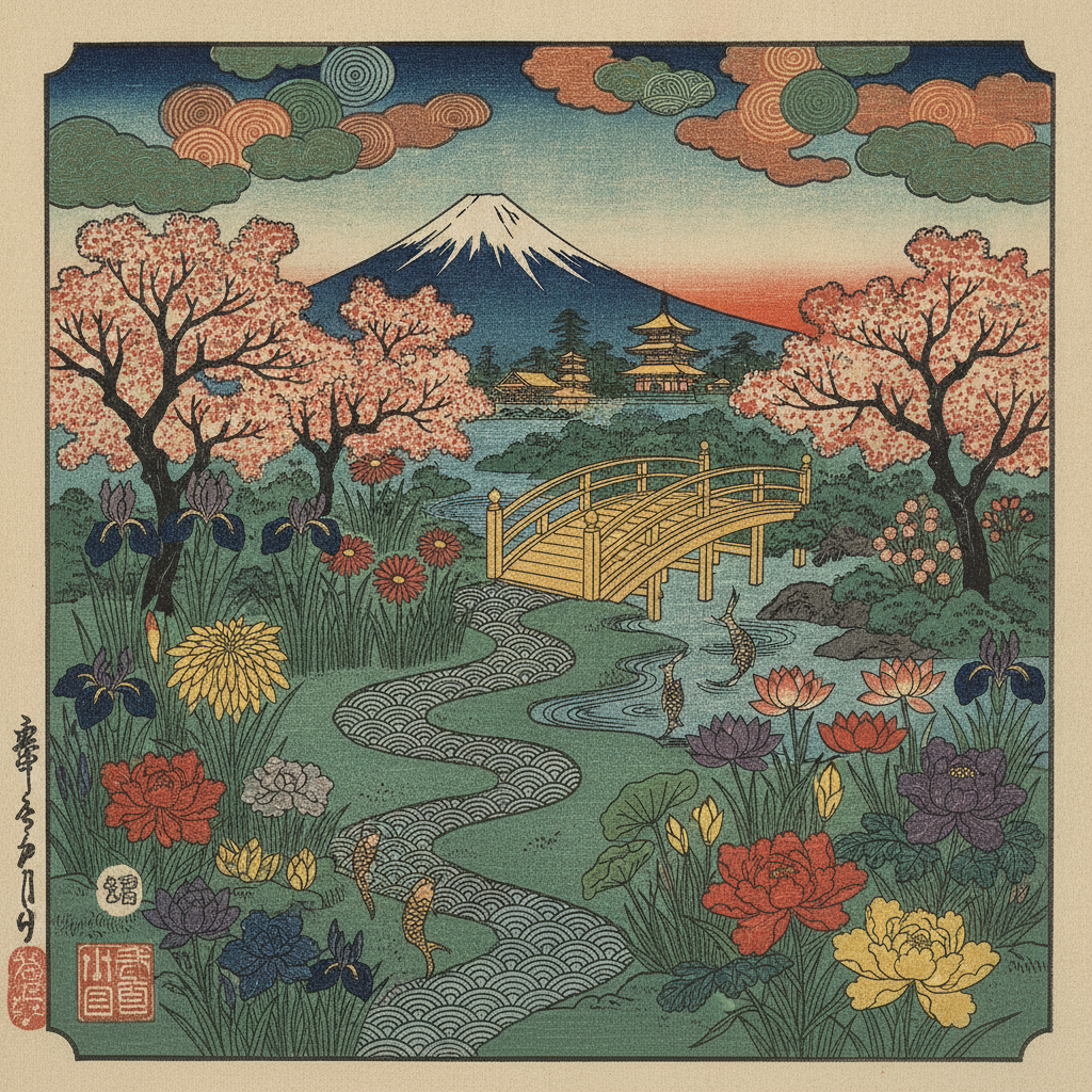 Image style conversion AI turning a flower garden into a Japanese ukiyo-e woodblock print