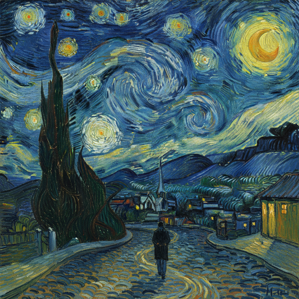 AI style transfer video frame turned into a Van Gogh Starry Night oil painting with swirling brushstrokes