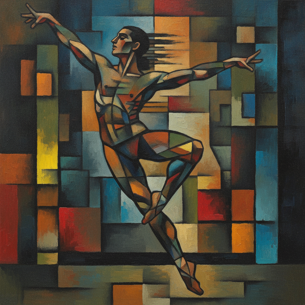 AI style transfer video frame of a dancer transformed into a Picasso cubist painting