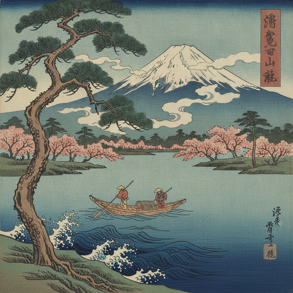 AI style transfer video nature scene restyled as a traditional Japanese ukiyo-e woodblock print