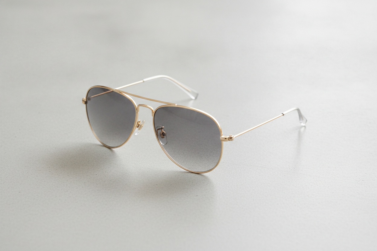 AI sunglasses design generator result: a thin polished gold wire aviator on pale concrete, double brow bar, teardrop lenses in a grey gradient, clear silicone nose pads and clear acetate temple tips. The front is completely resolved here — bridge height, brow bar position, how much lens sits below the pad. What the picture cannot tell you is that this is a 58mm lens rather than a 52mm one, which is the difference between this frame suiting a face and swamping it