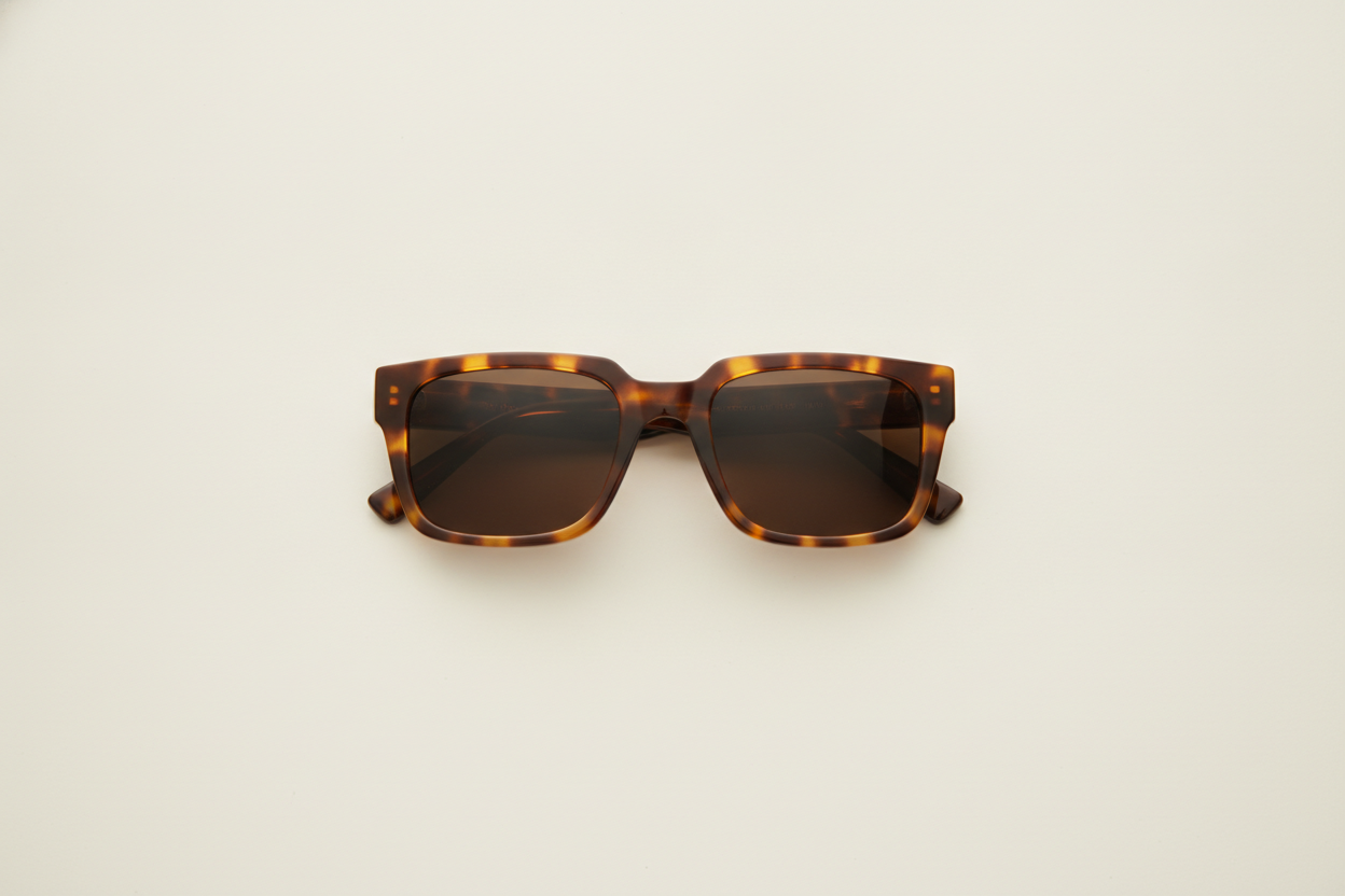 A chunky tortoiseshell acetate square photographed flat from directly above on warm white, temple arms folded behind the lenses and dark brown lenses in front. The section is the whole design in this one: the acetate is heavy at the outer edges and noticeably thinner across the top of each lens, which is what stops a thick frame reading as a costume prop. Small metal rivets sit where the hinges are buried, exactly as they would on a milled acetate front