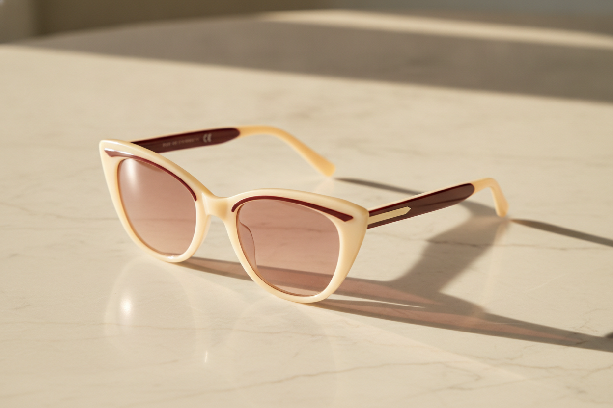 A cat-eye in laminated acetate on marble in raking sunlight, cream outer layer with a deep burgundy inner layer showing as a fine line along the brow and around the lens, rose-brown gradient lenses. Look at the inside of the left temple: the preset banned lettering and the model added the standard frame marking anyway, complete with a CE mark. It is illegible and it is invented — a good reminder that a rendered CE mark is decoration, not conformity, and that the size numbers a real frame carries there are precisely what a render cannot know