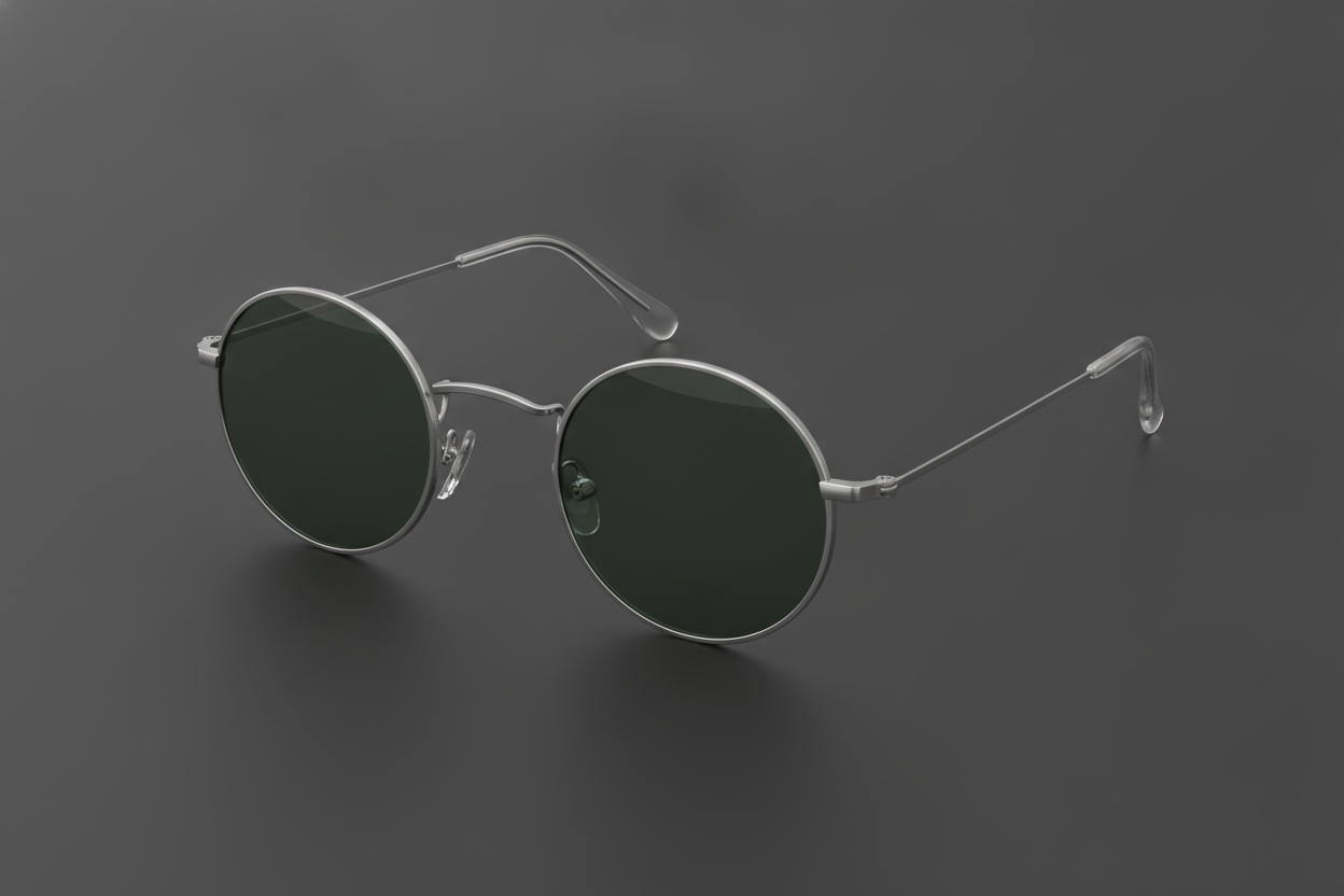 A round wire frame on matte charcoal with the temples open, in very thin brushed silver with flat bottle-green lenses. The cleanest render of the six and the one closest to being manufacturable as drawn: the nose pads sit on their own small arms where an optician can bend them, the hinge and endpiece are legible, and the wire gauge is consistent all the way round. Thin metal is where an image model usually falls apart, and it held here