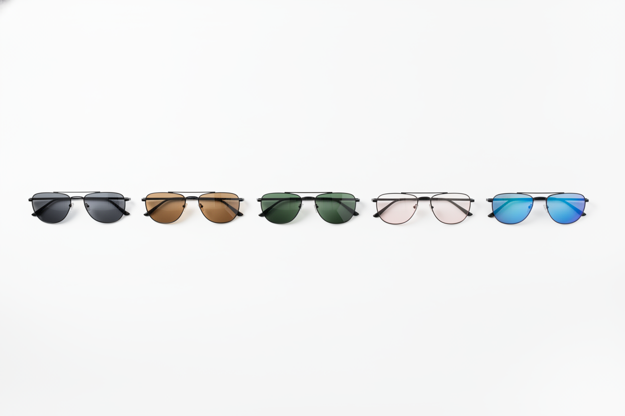 The tint comparison: five identical thin black metal frames in a row on white, differing only in lens tint — neutral grey, amber brown, bottle green, pale rose and blue mirror. This is the single most useful frame on the page, because it shows how little the five have in common. The white ground reads through the brown, green and rose lenses so their colour cast is obvious, the grey is dark enough to turn that same white nearly black, and the mirrored pair shows you a reflection instead of a background — which is the point, since mirroring is a coating on the surface rather than a tint through the lens. Note also that the rose lens barely darkens anything at all. Five lenses, five completely different jobs, and not one of them tells you anything about UV filtering