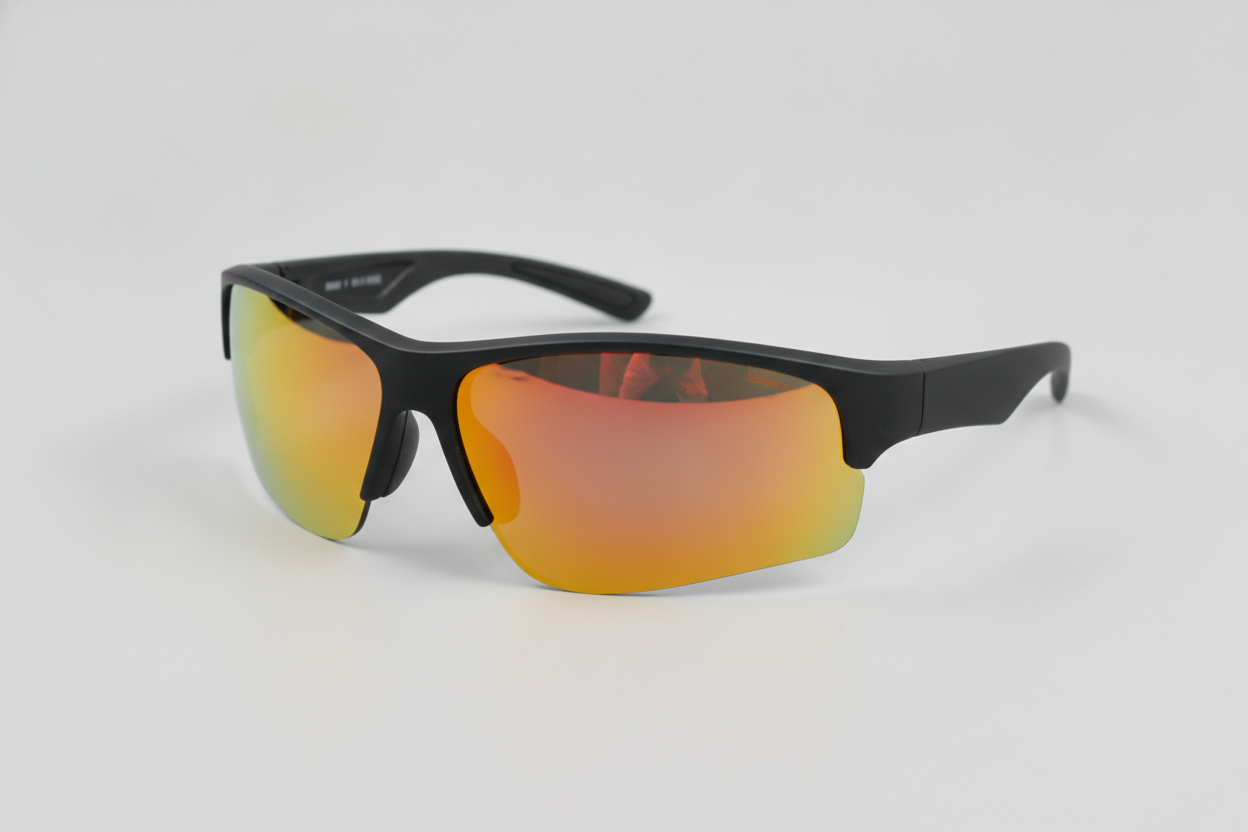 A sport wrap in matte black nylon with a red-orange mirror lens, shot from a front three quarter angle so the wrap and the wide splayed temples are visible. The preset asked for one continuous shield lens across both eyes and what came back is a half-rim frame with two separate lenses, open along the bottom edge — a different product with different tooling, and worth knowing that asking for a shield does not reliably get you one. The invented temple marking is here too, on the same inside-left face as the cat-eye
