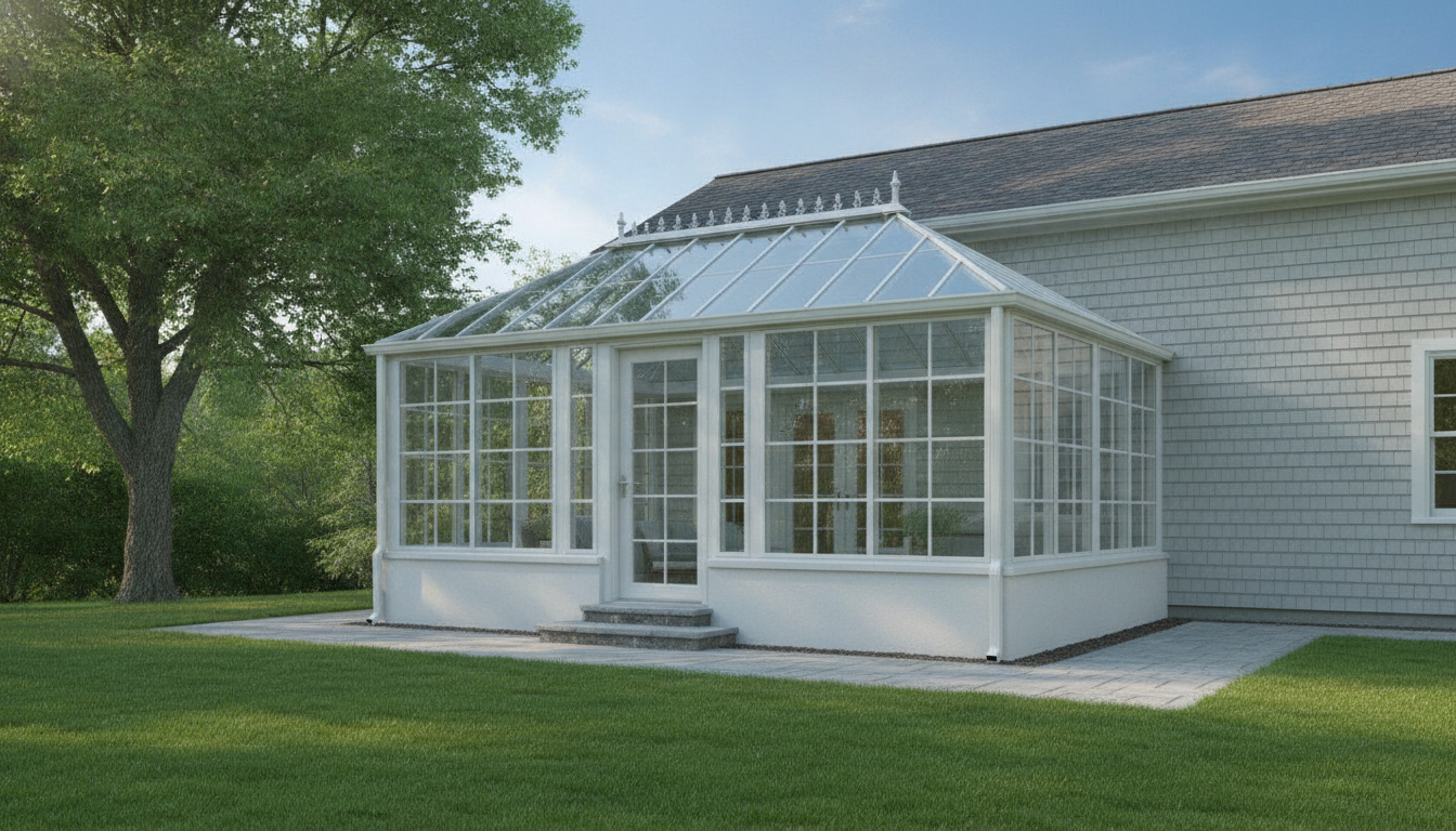 AI sunroom design generator result: a white framed conservatory with a hipped glass roof built onto the back of a shingle clad house, photographed from the lawn in clear morning light with a mature tree to one side. The convincing parts are the ones a camera would struggle with anyway. Cedar shingles read correctly, the sky and cloud slide across the roof glass at the right angle, the paved terrace wraps the corner properly and the two shallow steps up to the door are exactly what was asked for. Then the details start inventing themselves. A row of decorative ridge cresting with cast finials appeared along the top, which nobody requested and which is a real cost. The glazing was specified as evenly spaced equal panes and came back as a small pane grid whose squares change size from one panel to the next. None of the roof bars line up with the mullions in the wall below them. There is no gutter and no downpipe anywhere on a fully glazed roof, and where that roof meets the house it simply touches the shingles with nothing that could be called flashing.
