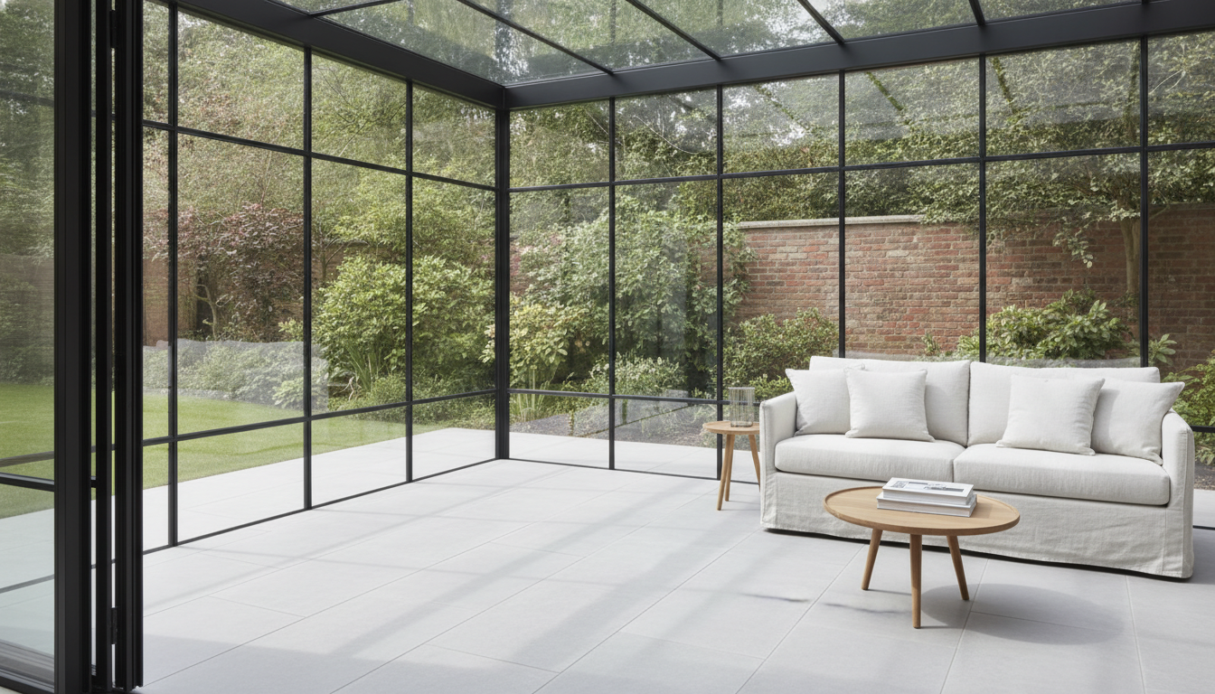 AI sunroom design generator result: the inside of a modern glass box extension with slim matt black steel frames, a flat glazed roof, pale porcelain floor tiles and a low linen sofa, looking out at a brick garden wall and mature planting. As an image it is the most saleable of the six, and it is also the one that argued with its own brief. The prompt asked for a glazed corner with no post in it, and the model quietly put a black corner column in, which is the structurally honest answer and a useful reminder that a frameless corner is an engineered piece of glass with a hidden beam over it rather than a free choice. Everything else drifts. The horizontal transom on the left wall sits at a different height from the one on the right and neither carries around the corner. Pane widths change from wall to wall. Overcast light was specified and directional shadows arrived anyway. The roof beams on the right run out of the frame with nothing under them, the floor tile joints stop lining up as they approach the sofa, and the only connection back to the house is a folding door at the extreme left edge.