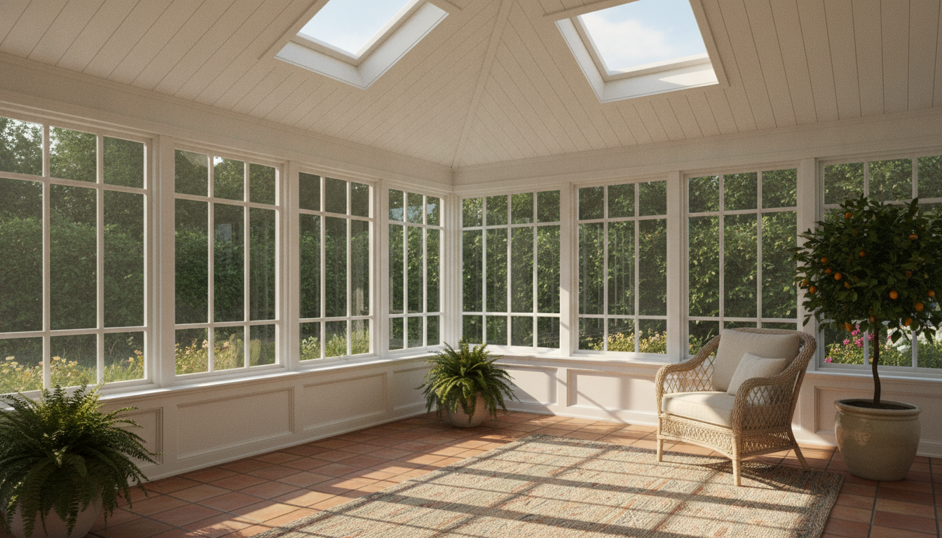 AI sunroom design generator result: a traditional three season sunroom with a vaulted white boarded ceiling, two skylights, white painted timber windows over a panelled knee wall, a terracotta tiled floor and a wicker chair, with low afternoon sun raking in from the left. The atmosphere is the whole point of a room like this and the model has it. Warm light on unglazed terracotta, the depth of the hedge through the glass, the citrus tree and the ferns all sit together believably. Measured against the brief it is looser than it looks. The two skylights were specified at even spacing and came back different sizes at different distances from the ridge. The muntin grid changes proportion between the left wall and the right wall, so the two elevations of the same room are not the same window. The knee wall turns into a deep white window bench partway along the right hand side, at a different height, and terminates against nothing. The window shadows falling across the tiles do not match the grid casting them. And there is no door out of the room anywhere in the frame.