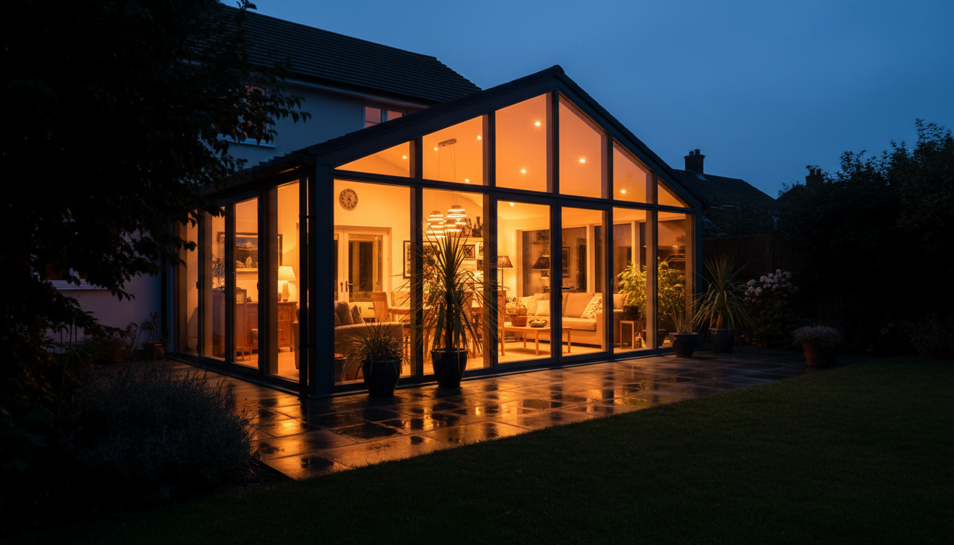 AI sunroom design generator result: a glazed gable end extension lit from within at dusk, seen from a dark garden across wet paving, with the interior of the house visible straight through the glass. This is the best lit image in the set and probably the best argument for generating a night version at all. The falloff into the planting is right, the reflections running down the wet slabs are right, the blue of the sky is exactly the hour it claims to be, and looking through the sunroom to the original back wall of the house with its door and window still in place is a genuinely useful thing to show a household. The brief asked for light coming through a glass roof, and the roof arrived solid and tiled, so the glazing collapsed back into the gable wall alone. There is no gutter and no downpipe. The transom line across the front does not continue at the same height around the left hand return. The roof overhangs deeply on the left and not at all on the right. And a small wall clock inside has a face of unreadable marks, which is the usual place these images give themselves away.