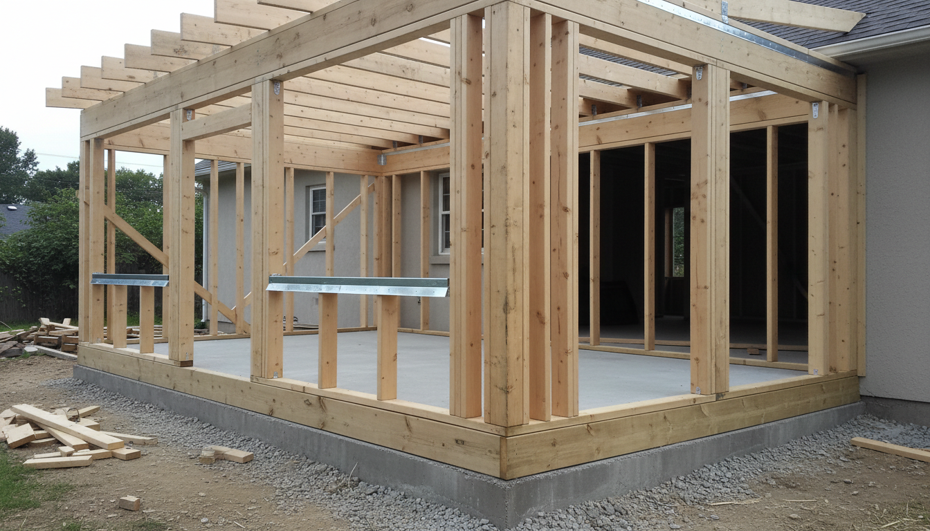 AI sunroom design generator result: the bare timber frame of a sunroom addition standing on a concrete stem wall and slab against the rear wall of a rendered house, with rafters running back to the building and offcuts and gravel on the ground. Half of this is the most useful picture on the page, because almost no design tool will show you a sunroom with the glass out. The stem wall, the poured slab sitting inside it, the sill plate and the built up corner post are all genuinely right, and the construction debris makes it read as a site rather than a render. The other half is worth arguing with. A continuous header was asked for across the top of the openings and a galvanised beam arrived at sill height instead, propped on short cripple studs, which is not a thing that carries anything. The rafters cantilever well past the left hand wall onto no support at all. The ledger at the house shows no bolts and its flashing is laid on the surface rather than lapped into the wall. Rafter spacing widens across the frame, there are no anchor bolts visible in the sill plate, no edge insulation and no vapour barrier, and the new roof runs straight across an existing house window.