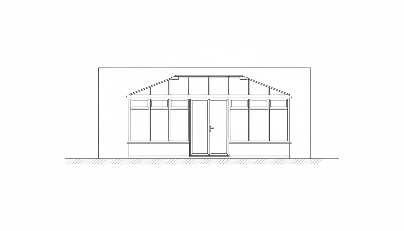 AI sunroom design generator result: a line drawing of a glazed sunroom against a plain house wall, with a hipped glass roof, a row of glazed panels with transom lights above them, a solid knee wall band along the bottom, a central double door and a hatched ground line. It is clean, square and completely free of text, which makes it the most useful of the six to put in front of a builder, and it is also the clearest picture of what these renders leave out. It is not actually an elevation. The hipped roof is drawn in perspective, with the ridge and the hip lines receding, which no elevation does. The foundation was asked for below the ground line and is missing entirely, so the building stops dead at the hatching and the most expensive part of the job is not drawn at all. The house behind is a bare rectangle with no eaves, no roof and no openings, when the eaves height of that wall is the fact that decides how much head room the new roof can have. The glazed panels are unequal widths, the transoms above them stop aligning with the mullions below on the right, the two door leaves are different sizes, the ridge line is doubled, and there is not one dimension anywhere on it.