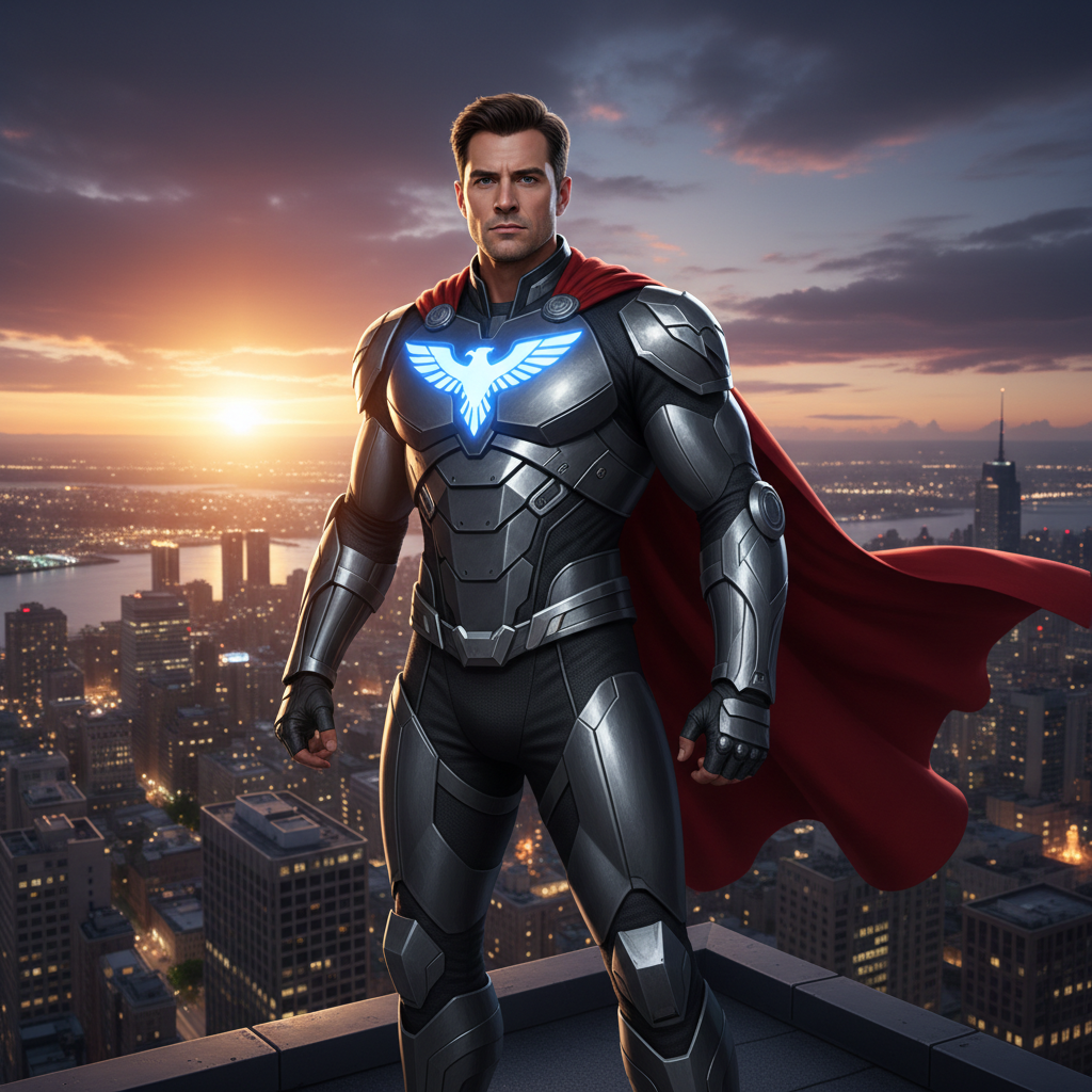 AI superhero generator result showing a man in a sleek armored superhero suit with a glowing chest emblem on a rooftop at dusk