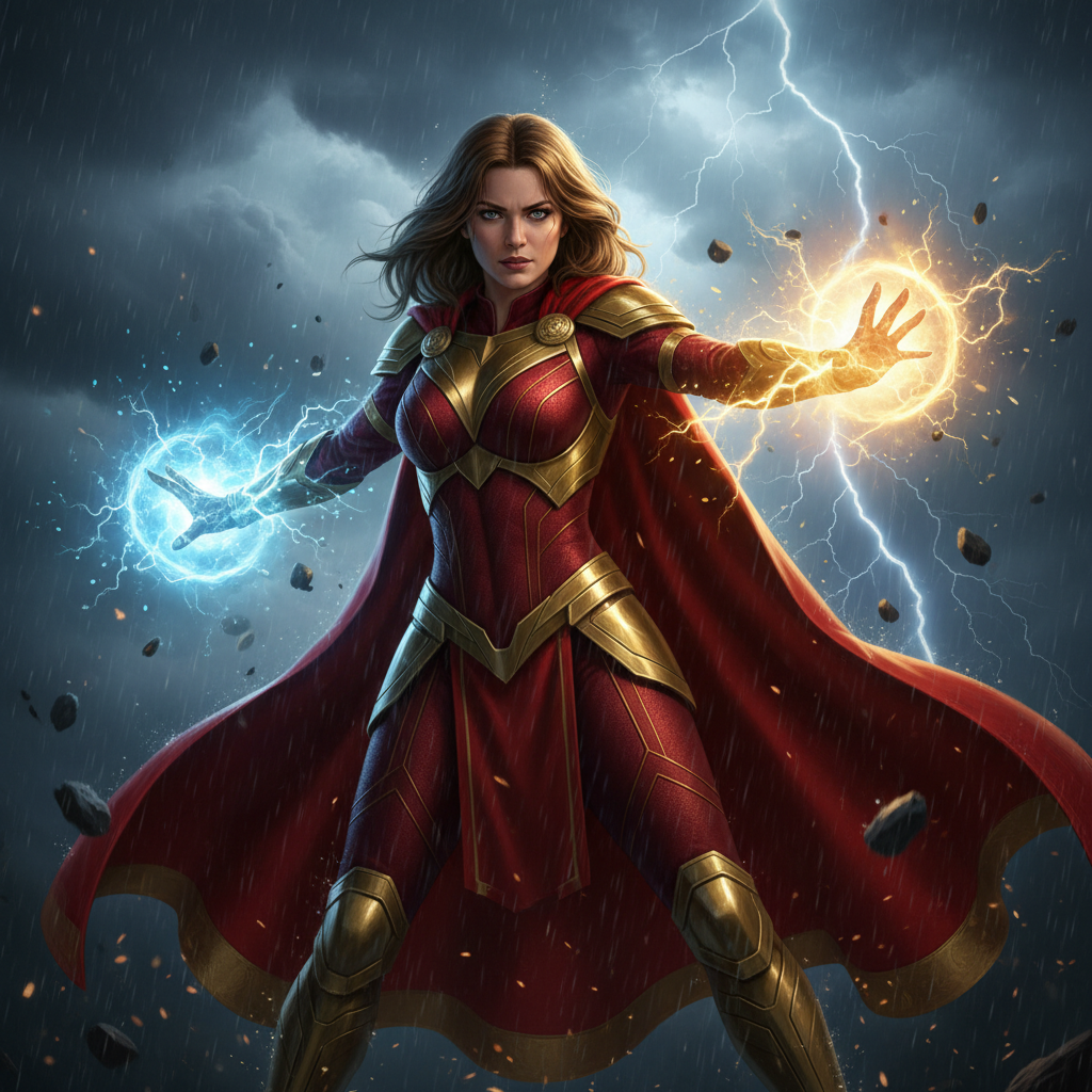 AI superhero generator result showing a woman in a red and gold caped costume with glowing energy hands in a dynamic action pose