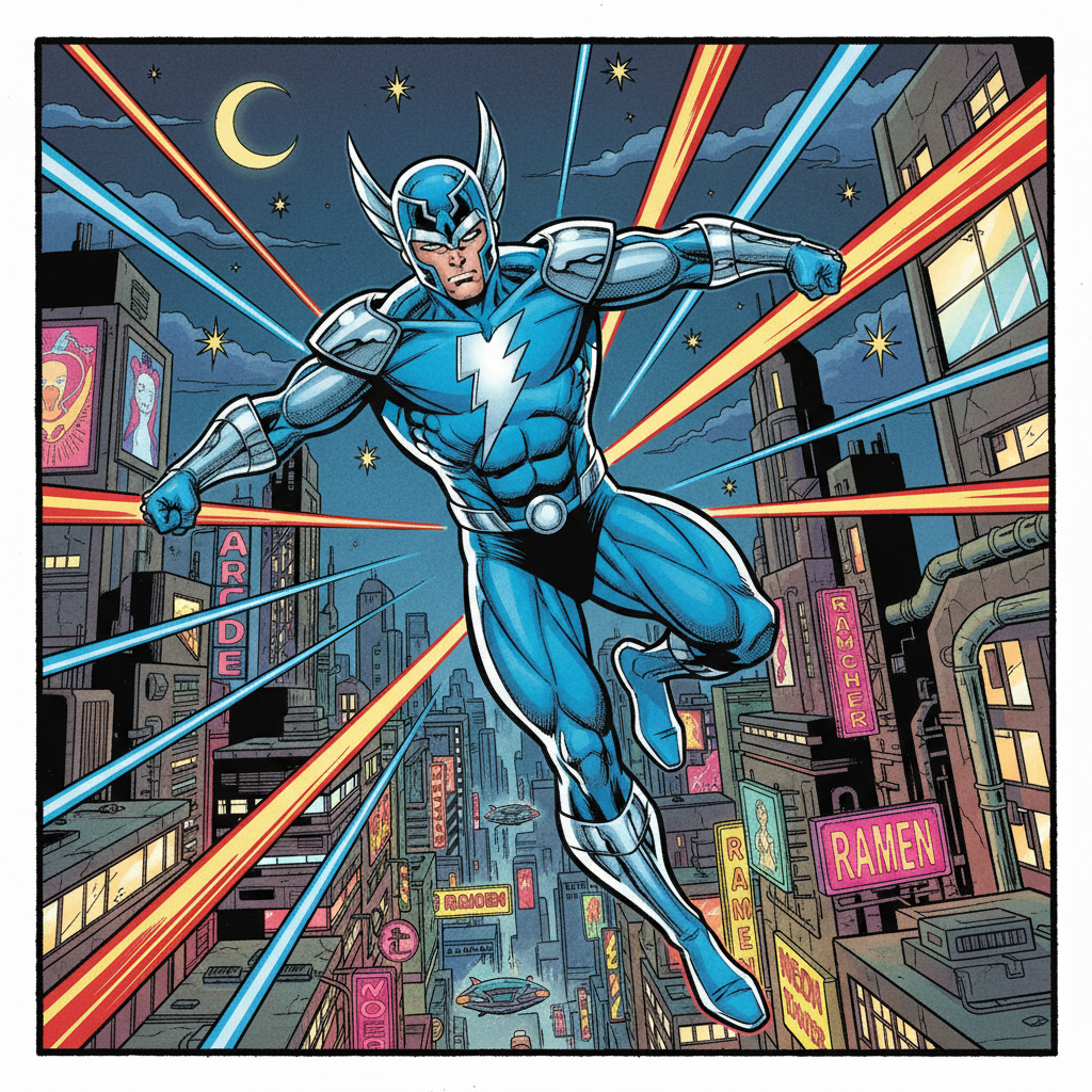 Comic book style AI superhero leaping above a neon city with bold ink outlines and halftone shading