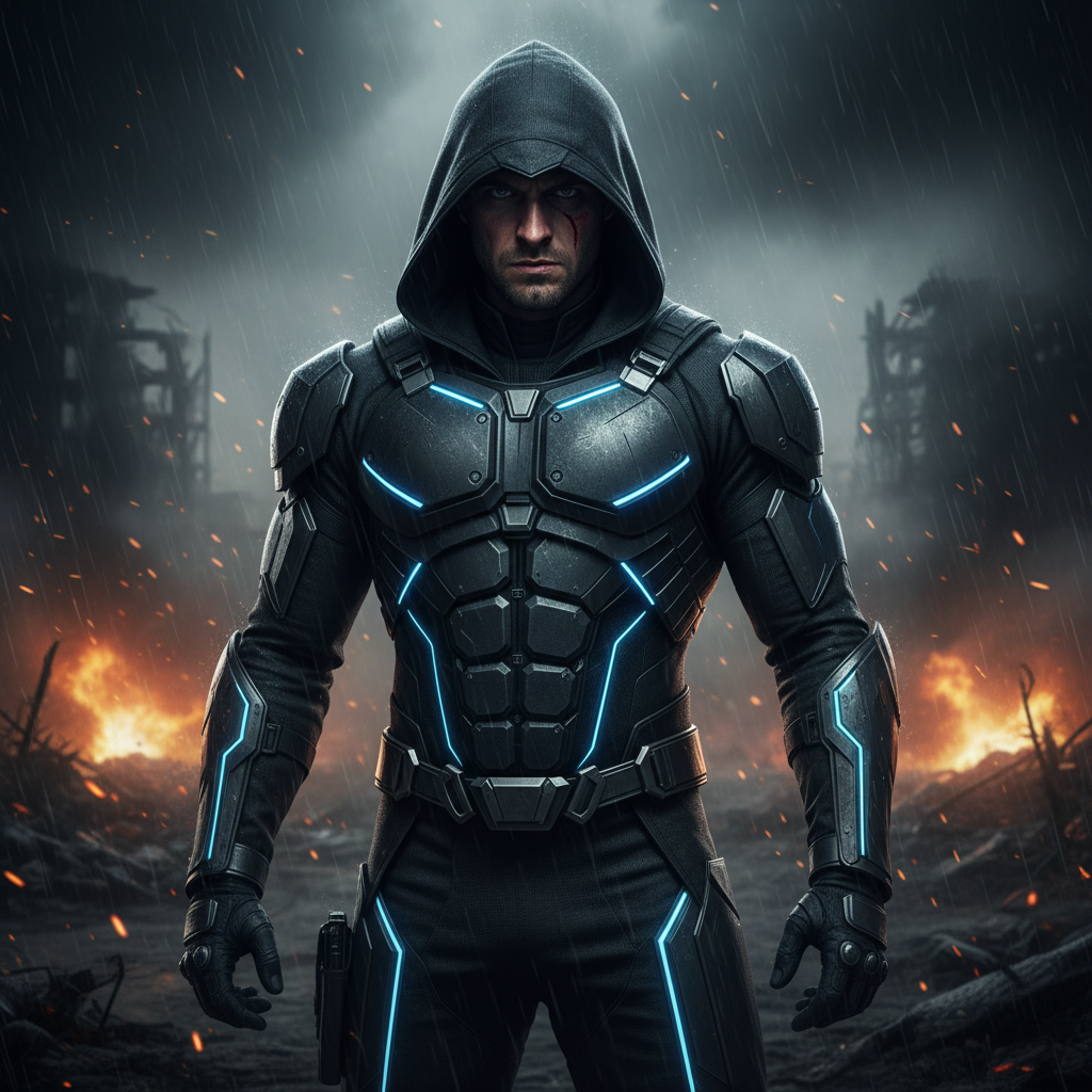 Epic AI superhero portrait of a person in a dark tactical hooded suit with glowing blue accents on a smoky battlefield