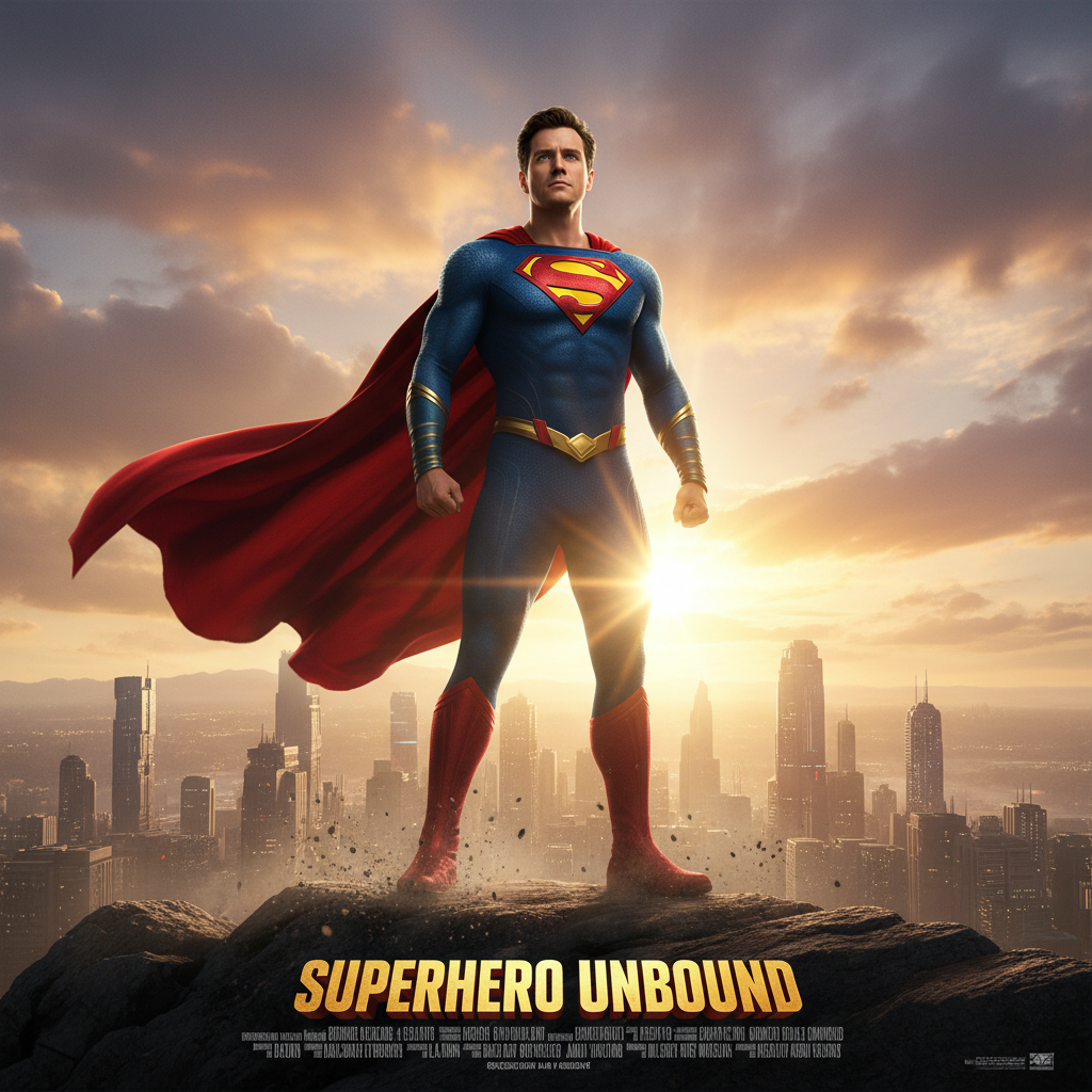 Bright classic AI superhero with a billowing cape and chest emblem in golden hour sun flare from the AI superhero generator