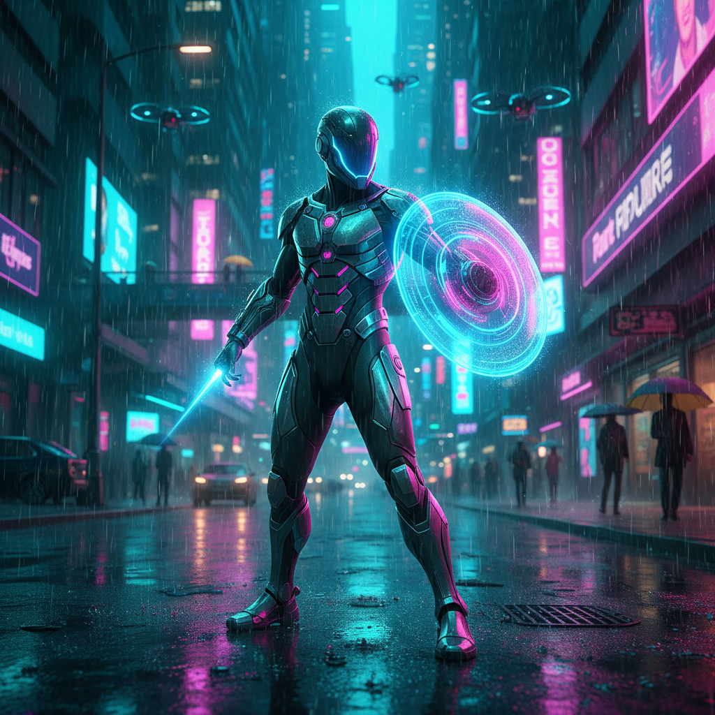 Futuristic cyber AI superhero in a glowing exosuit with a holographic shield on a rainy neon cyberpunk street