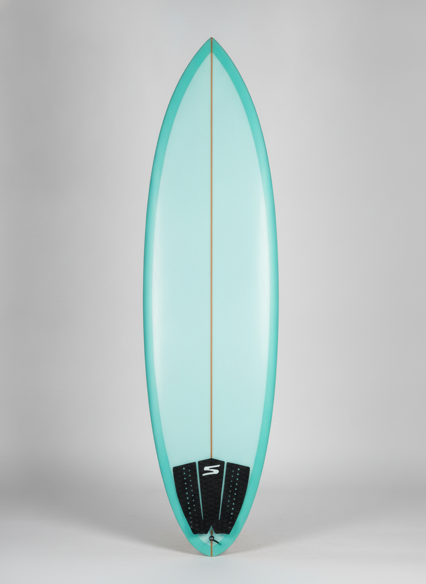 AI surfboard design generator result: an unbranded performance shortboard stood against a plain studio wall, and the only frame of six that leaked a mark. The traction pad carries a white swoosh, which is a logo, on a preset that banned logos, stickers and lettering item by item. Two other drifts. The preset asked for a squash tail and the tail came back rounded, and it asked for three fin boxes with three black fins fitted, of which not one is visible. The tint also inverted: it was written as a panel across the deck fading out before the rails, and what arrived is a teal border hugging the rails with a pale centre. The stringer is right, though — one thin wood line, dead centre, running the full length