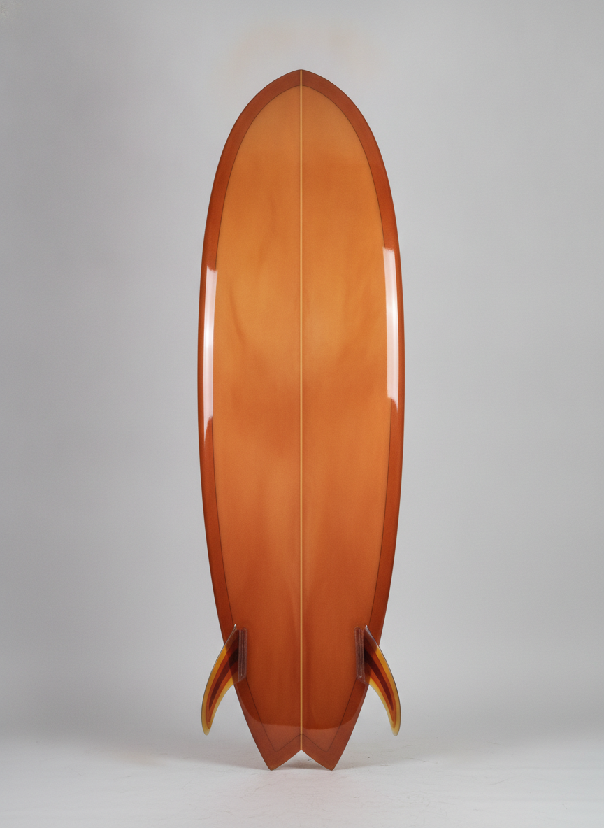 A retro twin-fin fish in amber-to-rust, and the best object in the set. The deep swallow tail is genuinely correct: two clean points with a crescent cut between them, which is the one tail shape on this page the model can actually draw. Both keel fins arrived, raked and layered in translucent amber, and the rail pinline is there. What is wrong is the material. A hand-poured resin tint has pour lines, cloth weave and colour that pools unevenly at the rails; this is a smooth airbrushed gradient with none of that, which is a different process and a different price. The outline is also narrower than a fish should be — this is a stubby egg wearing a swallow tail