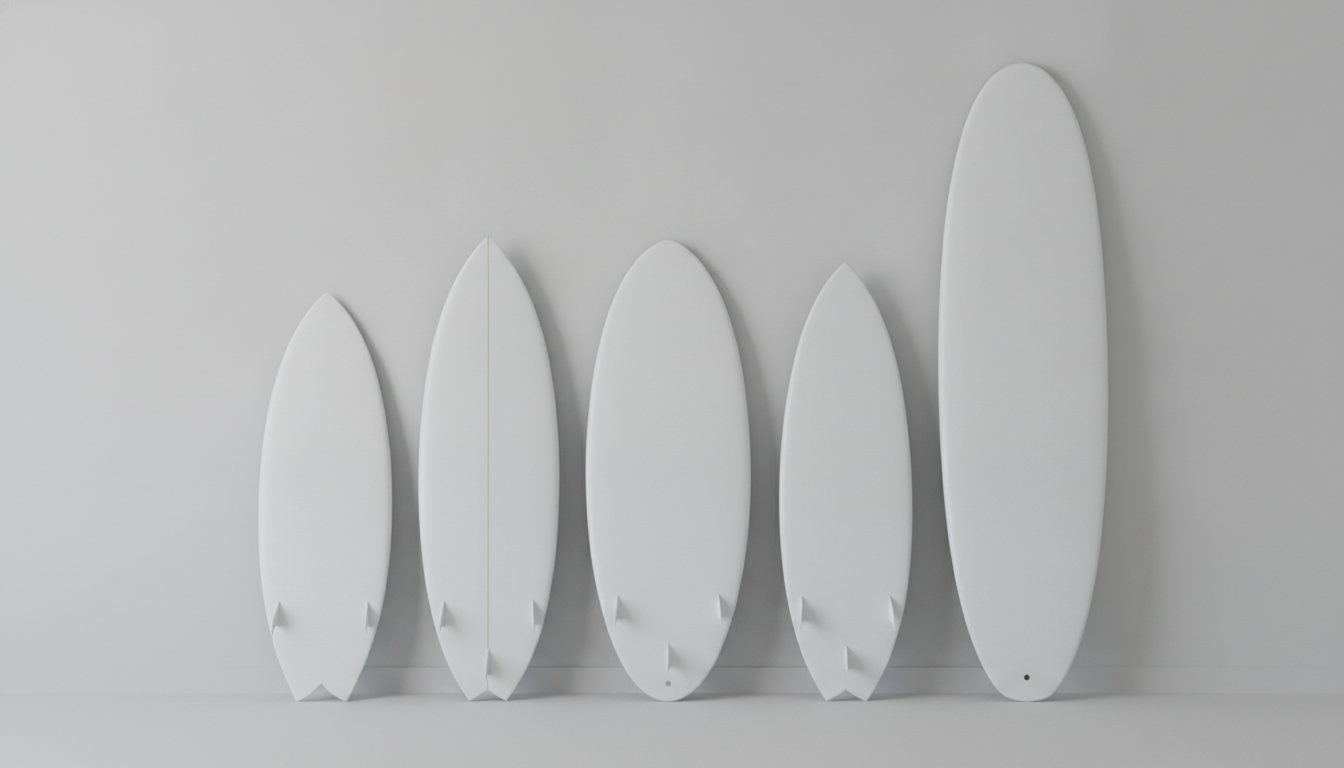 The five-outline comparison row, and the frame that fails most usefully. Five boards, identical white finish, one variable: the outline, running 5′6 fish, 6′0 shortboard, 6′8 egg, 7′6 mid-length pin and 9′2 log. The finish, the lighting and the shared floor line all held. Nothing else did. The fourth board is visibly shorter than the third, so the length ordering breaks in the middle of a row whose entire job is to compare lengths. Four of the five came back with swallow tails when exactly one was asked for, and no squash tail and no pin tail appear anywhere. Every board grew fins that were never requested, moulded in the same white as the foam, and only the second has a stringer