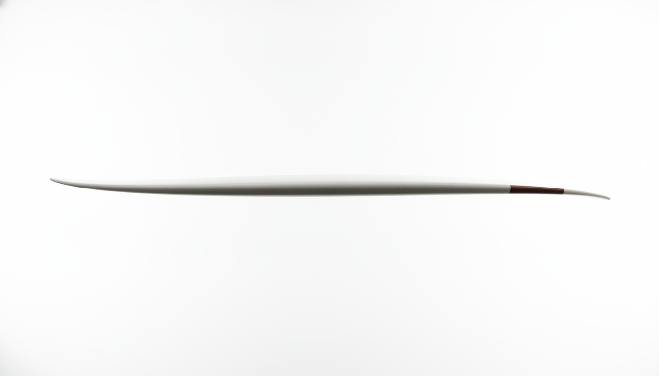 The rocker profile: one board photographed dead side-on so the curve reads as a single line. This is the frame that reaches the thing the other five cannot, and it mostly works. Nose lift at the left, tail kick at the right, and a foil that thickens correctly through the middle and thins toward both ends. Two things to read honestly. The last few inches taper to a knife edge no laminator could glass, and the wood that was asked for as a full-length stringer along the rail shows up only as a short brown patch near the tail. And the preset asked this silhouette to show the rail turning from soft to hard, which it can never do, because a rail is a cross-section and this is an outline