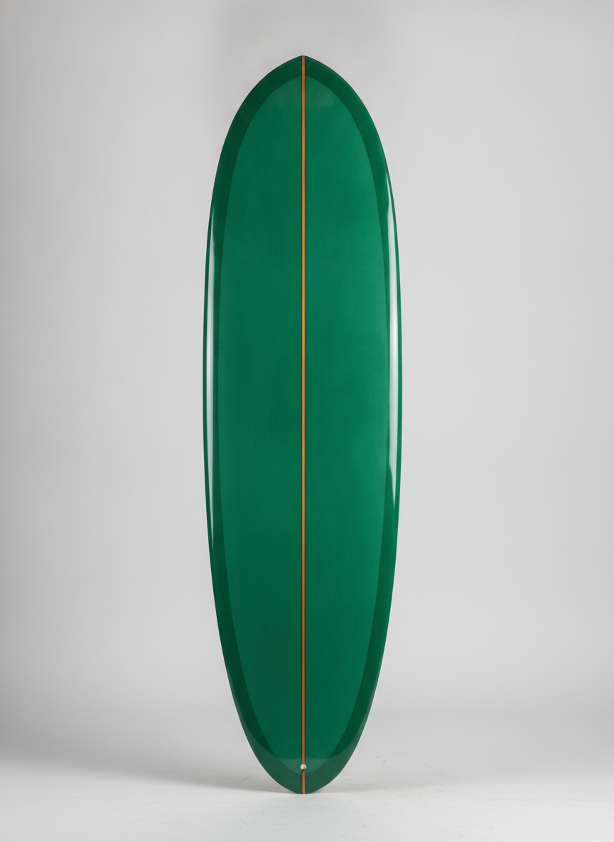 A single-fin log in volan green, and the clearest demonstration of what an AI surfboard design generator cannot hold. The preset asked for nine foot two; this reads as about a seven foot egg, because the length-to-width ratio is roughly three to one where a real log is nearer four and a half to one. The single fin — the entire point of the preset, the reason the board is called a log — is not fitted at all. A triple stringer came back as one thin line. And the fibreglass weave that should show faintly through a volan tint is absent, so the surface reads as flat automotive paint rather than green resin over cloth. The outline and the gloss are lovely and neither is the board that was ordered