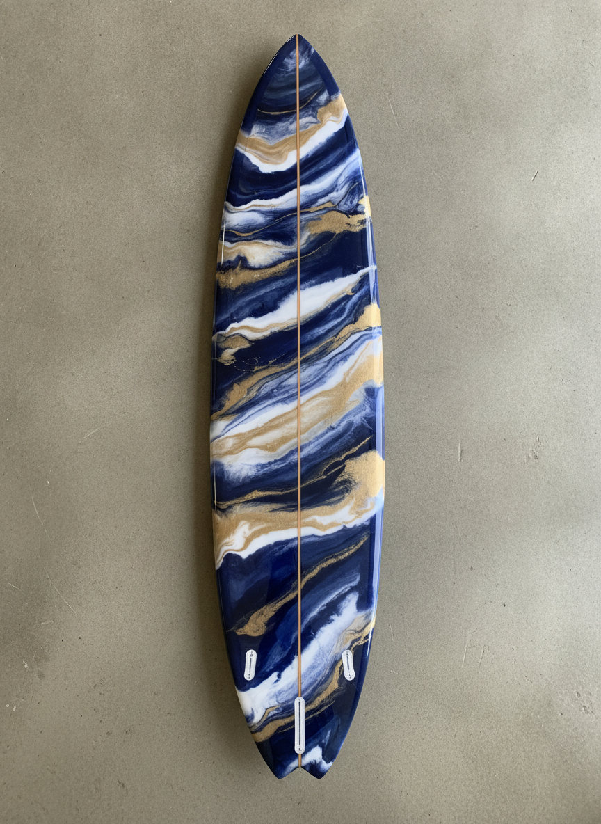A poured resin swirl shot from directly overhead on a scuffed concrete floor, and the frame that shows what this tool is genuinely for. The indigo, white and pale gold marbling feathers along the board the way poured pigment actually behaves, and it is the only surface on this page that looks like resin rather than paint. It is also the one preset whose hardware came back exactly as specified: three empty fin boxes, no fins, precisely as asked. The failure is the outline. This was written as a nine foot big-wave gun, long and drawn out with a narrow pin tail, and it arrived stubby with a swallow tail — the one tail you would never put on a gun, on the one board where the tail is a safety decision