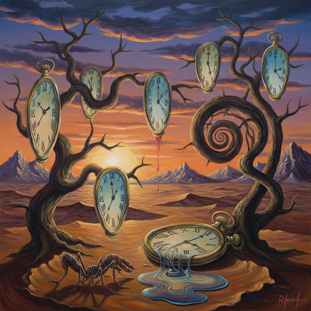AI surrealist art of melting clocks draped over twisted branches in a dreamlike desert at dusk