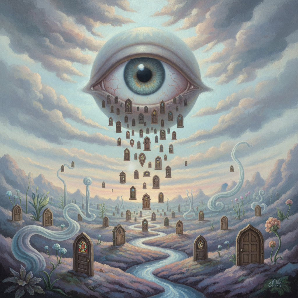 Surreal AI art of a giant floating eye in a cloudy sky raining tiny doors