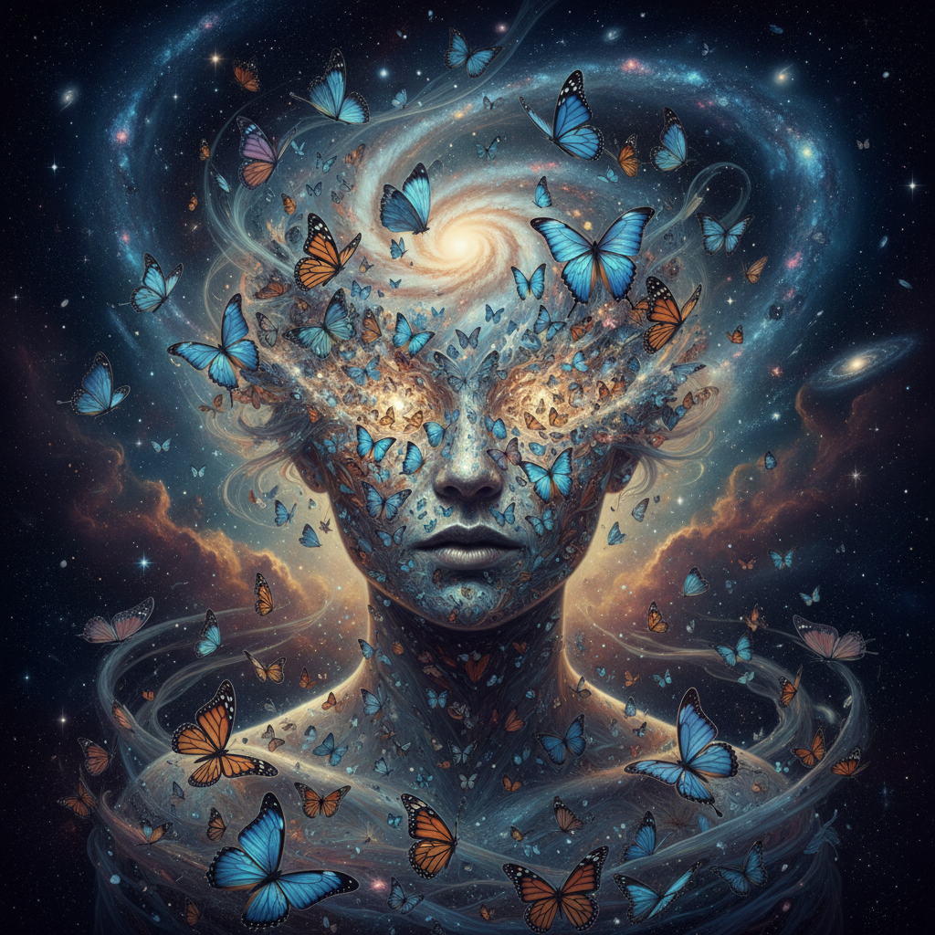 Dreamlike surrealist portrait of a woman dissolving into a flock of butterflies against a cosmic sky