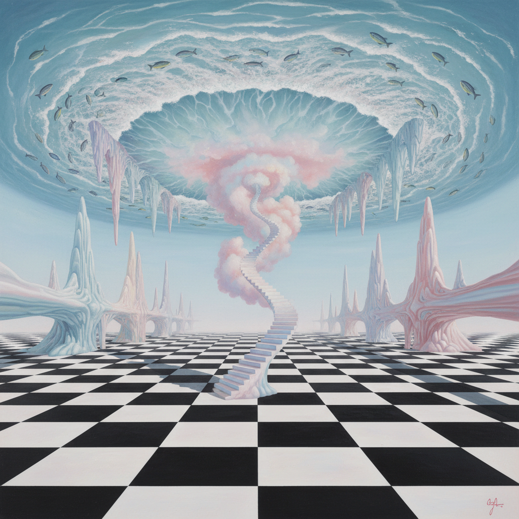 Surrealist landscape with an upside-down ocean floating above a checkerboard desert and a lone staircase