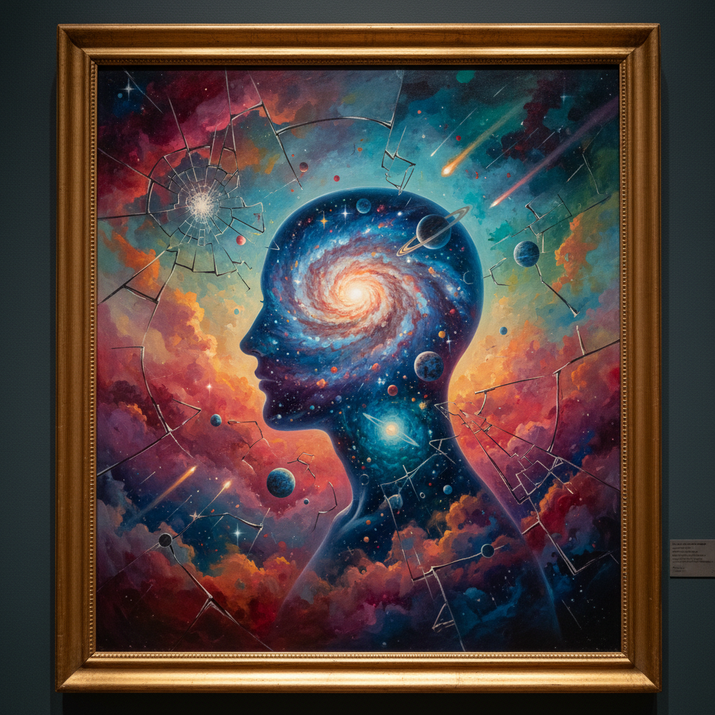 Surreal AI art of a human silhouette filled with a galaxy and floating planets