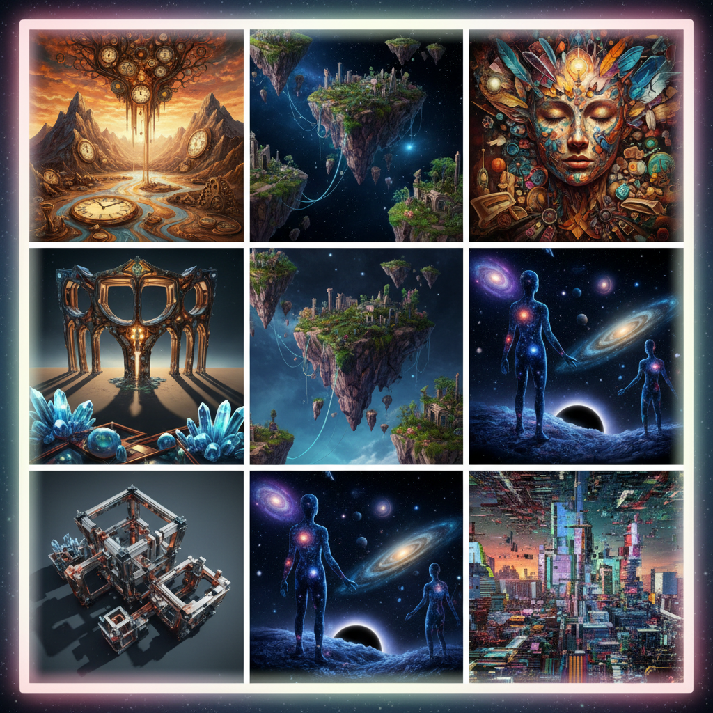 Grid of six AI surrealist artworks in different dreamlike styles created with the surrealist art generator