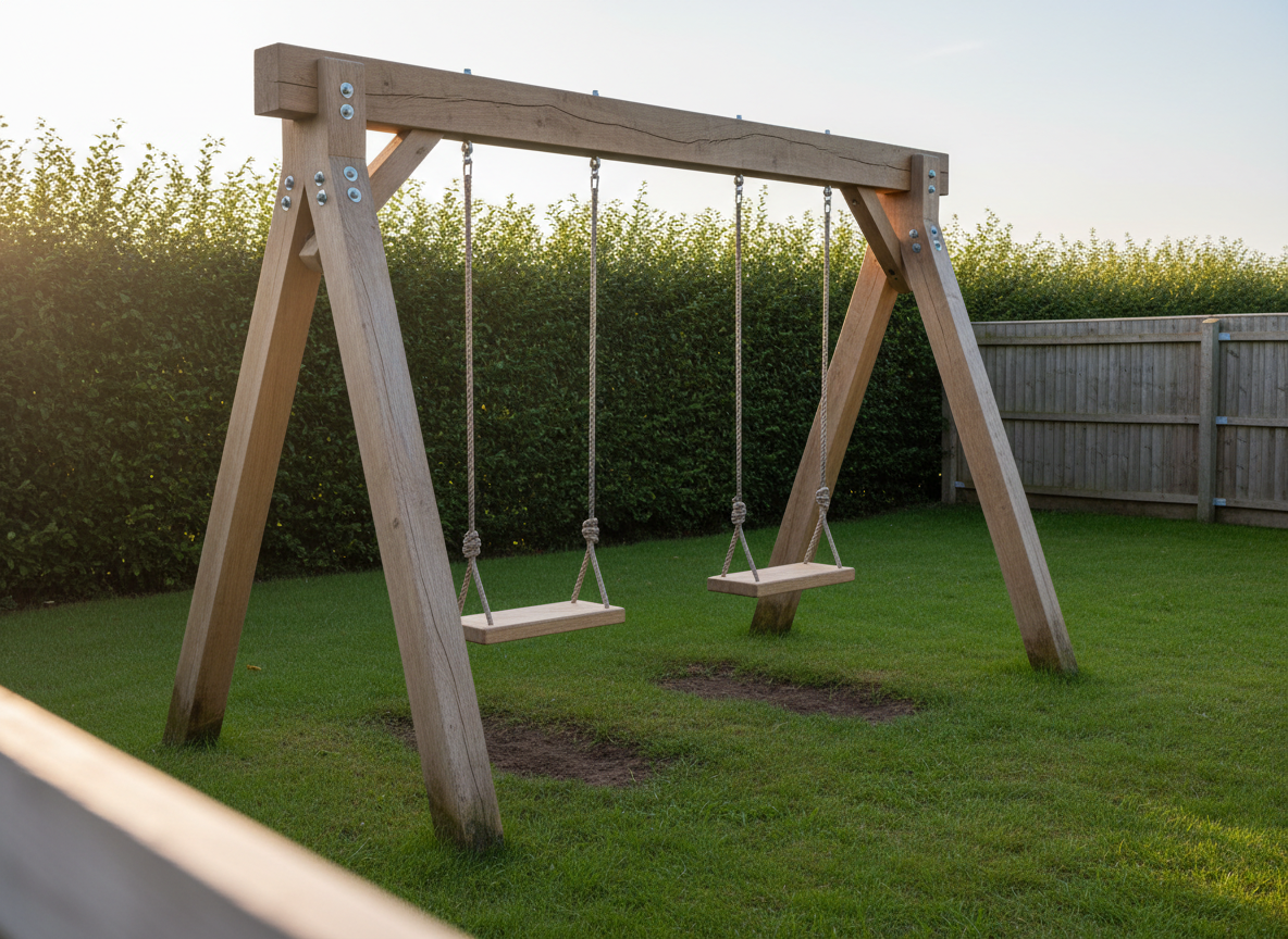 AI swing set design generator result: a rough sawn oak A-frame swing set with exactly two plank seats hanging on hemp rope from four bolt heads showing along the top of a single squared beam, a long shake running down the beam, bare compacted earth showing under the seats, standing on a lawn in front of a clipped beech hedge in low evening sun.