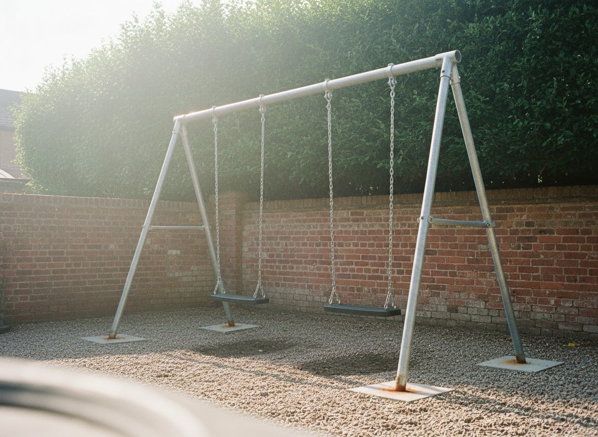 AI swing set design generator result: a swing set built from heavy galvanised scaffold tube with two black rubber belt seats on galvanised chain, each of the four legs standing on its own square concrete pad set flush into gravel, orange rust ringing every tube exactly where it meets its pad and staining the concrete beside it, in front of an old red brick garden wall in hazy backlit sun.