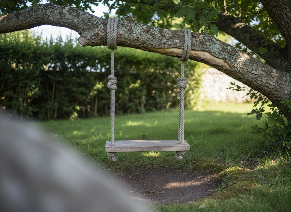 AI swing set design generator result: one weathered oak plank seat hanging on two hemp ropes from the low branch of an old oak tree, each rope wrapped three full turns round the branch and knotted underneath the plank with the frayed end showing, grey green lichen across the top of the branch, bare compacted earth and moss under the seat in dappled morning sun.
