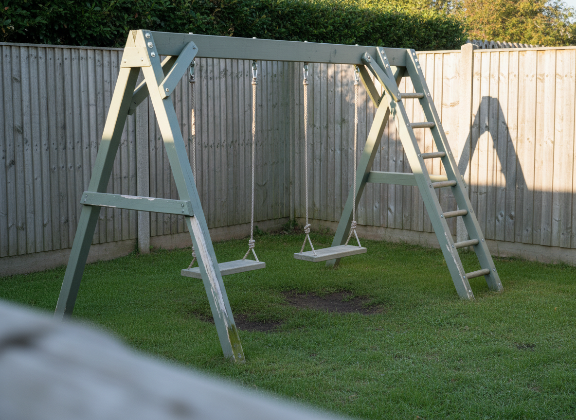 AI swing set design generator result: a grey green painted softwood A-frame swing set with a climbing ladder of round dowel rungs built into the right hand end frame, plank seats on rope, paint chipped back to bare pale timber down the legs and along the lower ladder stile, bare earth under the seats, on a lawn beside a close boarded fence.