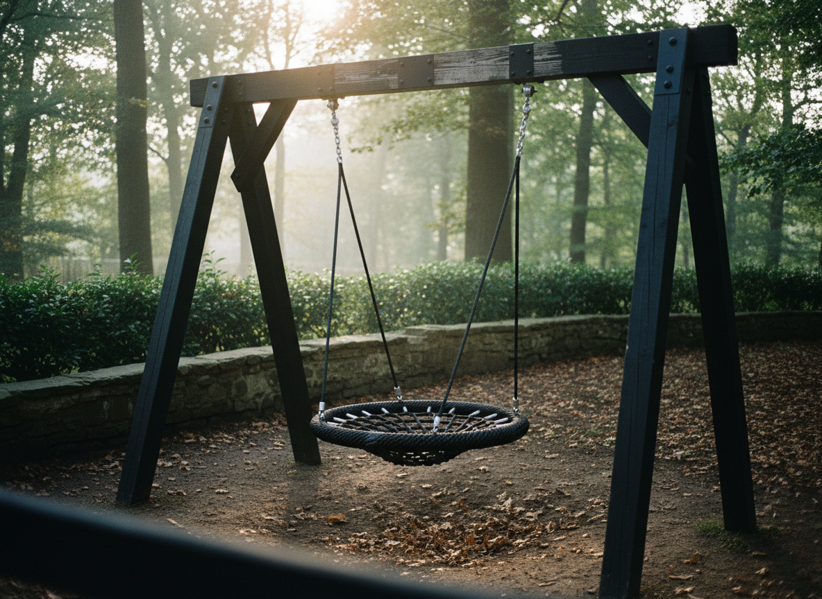 AI swing set design generator result: one big woven black rope nest seat hanging from a heavy blackened timber frame bolted with exposed black steel plates, the dark stain weathered thin on the upward face of the beam so the grey grain shows through, over bare damp earth strewn with dead oak leaves at a woodland edge in low backlit evening sun.