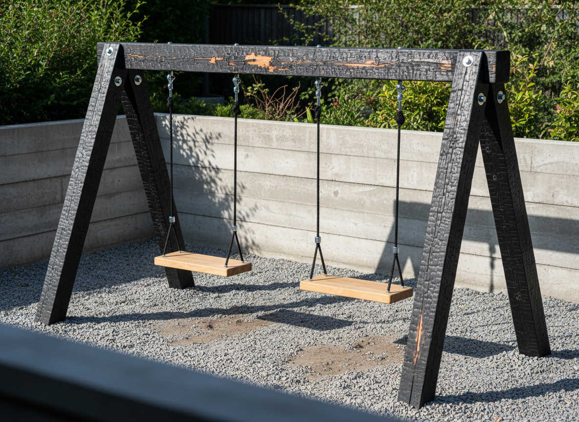 AI swing set design generator result: a modern charred larch swing set cracked all over into black alligator scales with raw orange timber flaked through on the beam, bright stainless bolt heads at every joint, two pale oiled oak seats on black rope, standing on gravel scraped thin under each seat beside a board marked concrete wall in raking morning sun.