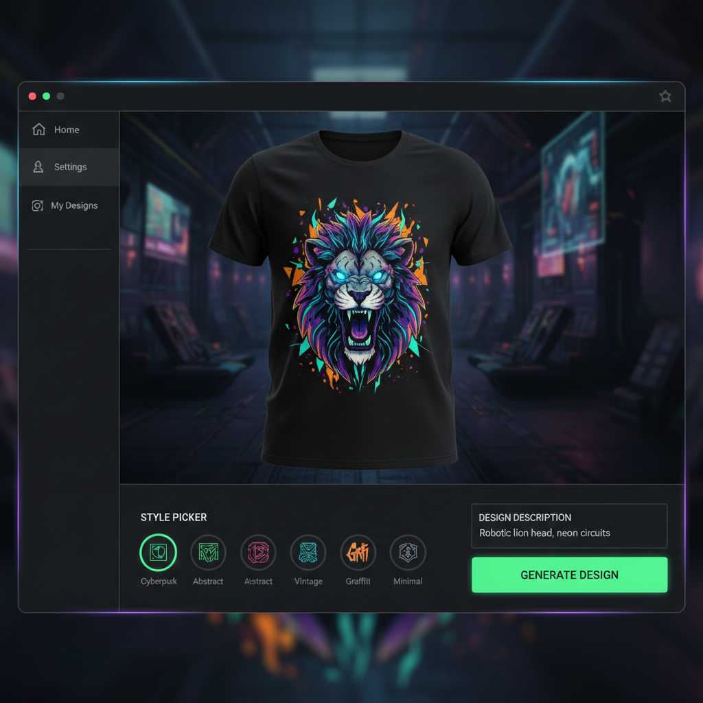 AI t-shirt design generator interface in a dark dashboard creating a bold print-ready graphic from a text prompt, with a style picker and a flat-lay tee mockup showing the centered artwork