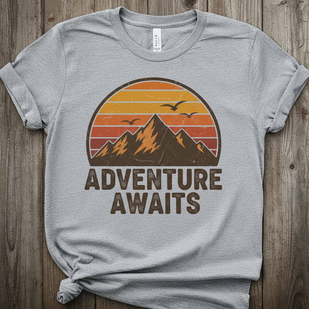 Vintage retro t-shirt design generated by AI with a distressed sunset and mountain graphic, bold slogan typography and warm earthy colors on a heather grey tee mockup