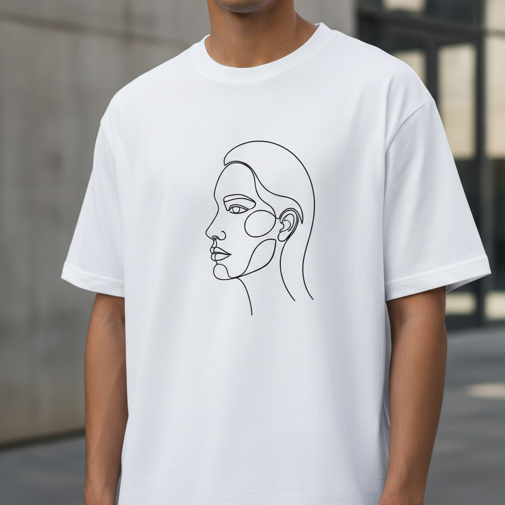 Minimalist single continuous-line face illustration t-shirt design in monochrome ink on a white tee, clean modern streetwear aesthetic with lots of negative space
