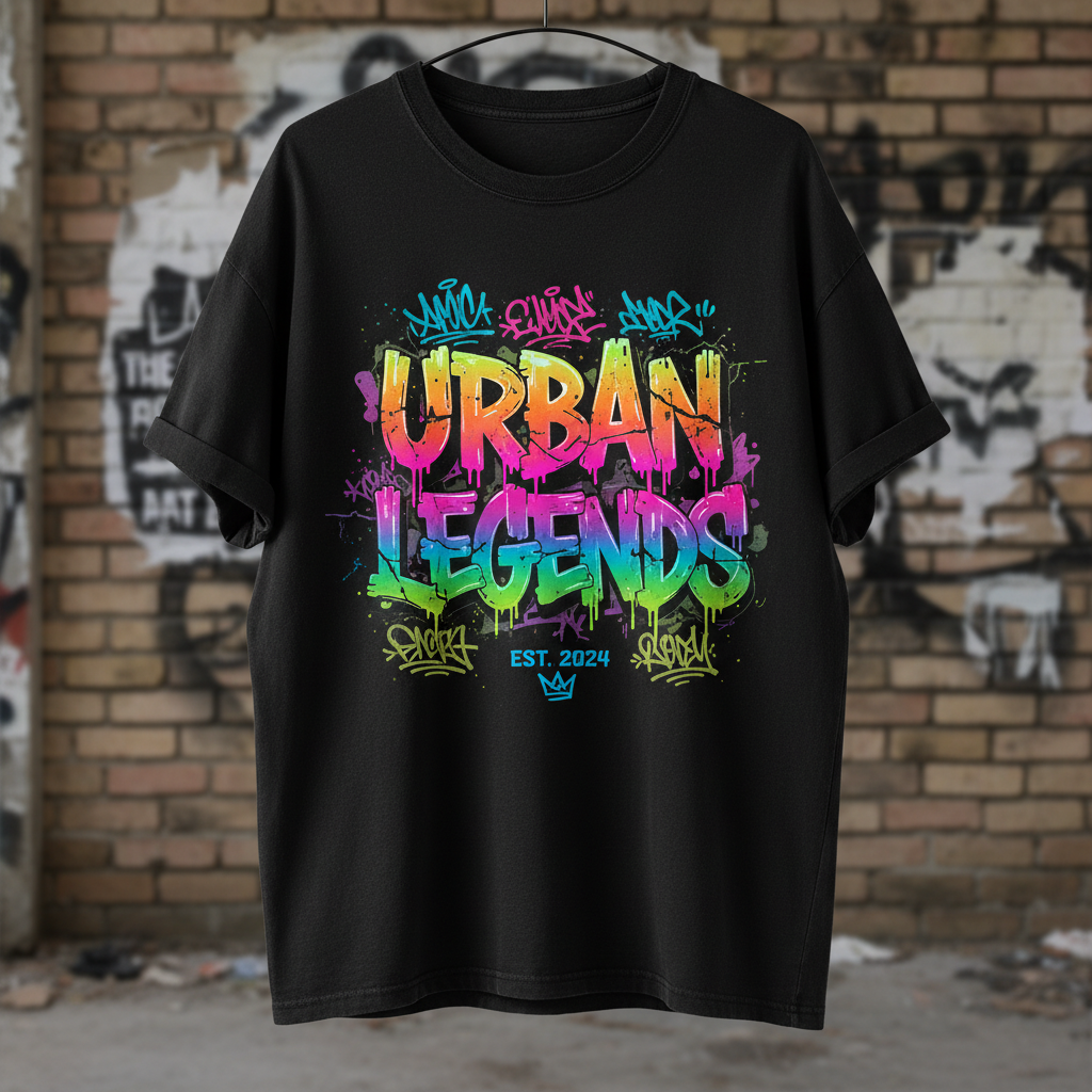 Bold typography streetwear t-shirt design generated by AI with layered graffiti lettering, neon gradient colors and urban grunge texture on an oversized black tee
