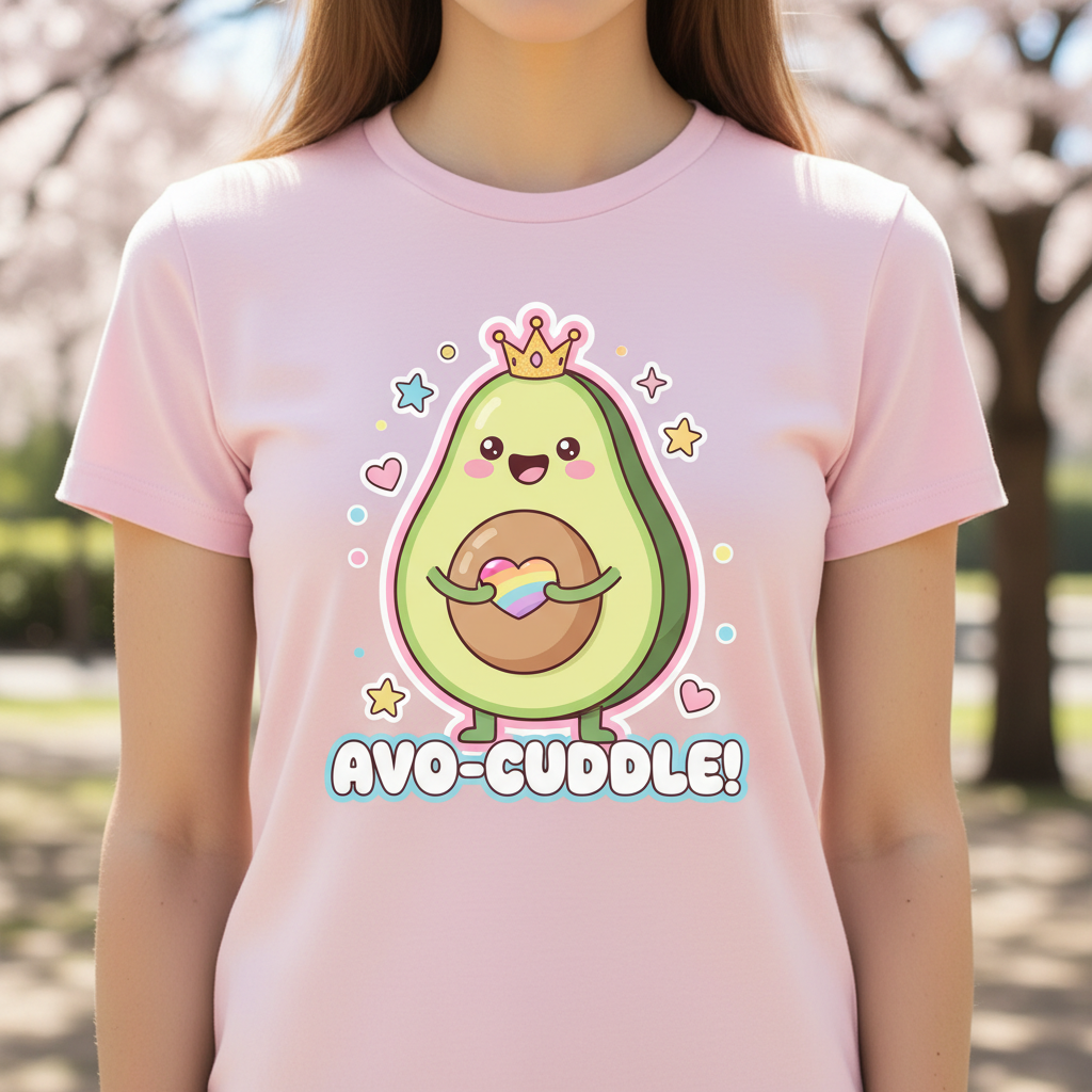 Cute kawaii cartoon mascot t-shirt design of a smiling avocado character with pastel colors and thick playful outlines, die-cut style graphic centered on a pink tee