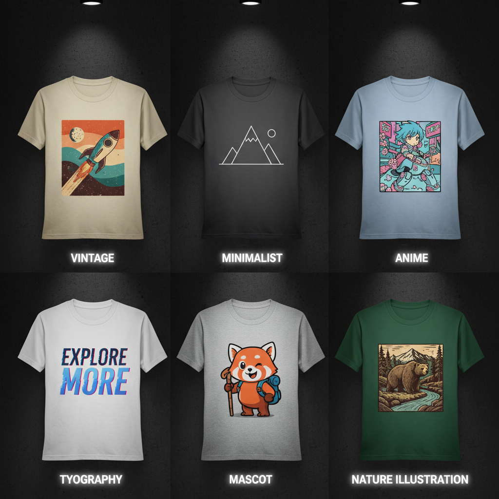 Gallery grid of six AI-generated t-shirt designs in different styles — vintage, minimalist, anime, typography, mascot and nature illustration — shown as flat tee mockups for print-on-demand