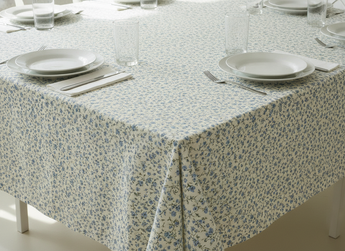 AI tablecloth design generator result: the corner of a rectangular table under a cream tablecloth covered in a dense small-scale blue floral repeat, with white plates, glass tumblers and plain napkins on top and the pattern continuing unbroken down the vertical drop and over the corner fold